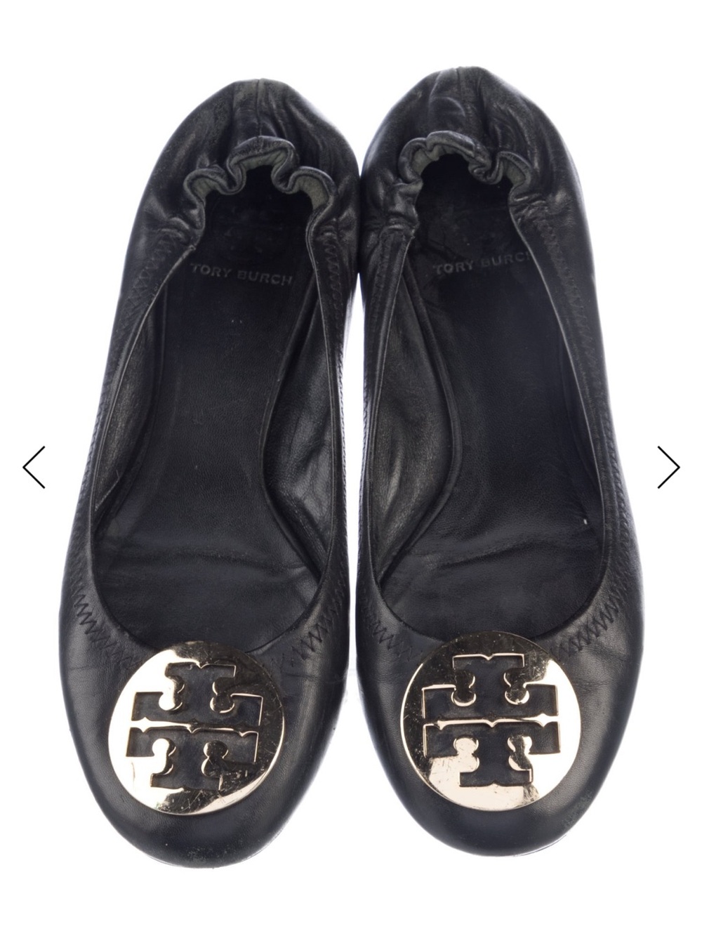 Tory Burch Black Leather Logo Ballet Flats with Gold Medallion